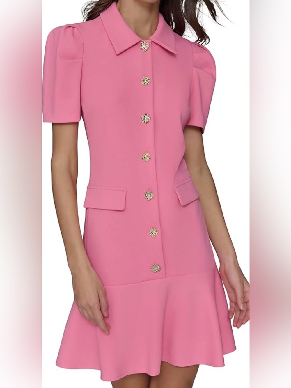 NWT - Karl Lagerfeld Women’s Pink Short-Sleeve Ruffle-Hem Dress, Sz 16.